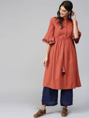 Rust Drawstring Emb Bell Sleeves Kurta 1