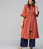 Rust Drawstring Emb Bell Sleeves Kurta