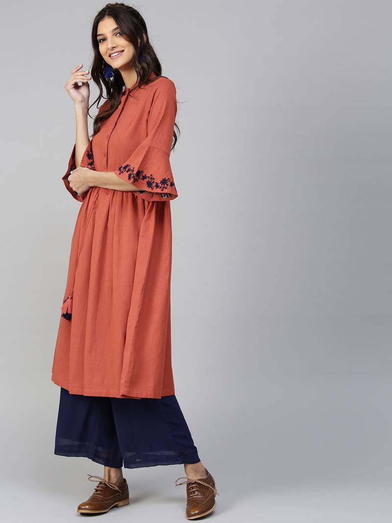 Rust Drawstring Emb Bell Sleeves Kurta
