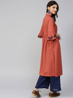 Rust Drawstring Emb Bell Sleeves Kurta 3