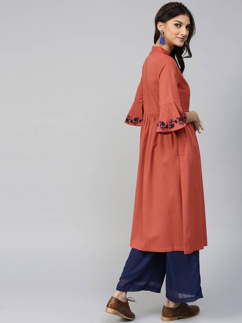Rust Drawstring Emb Bell Sleeves Kurta