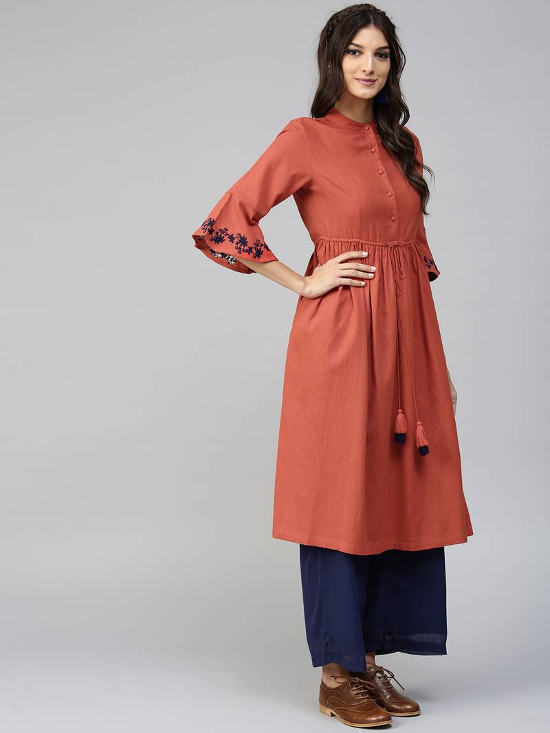 Rust Drawstring Emb Bell Sleeves Kurta
