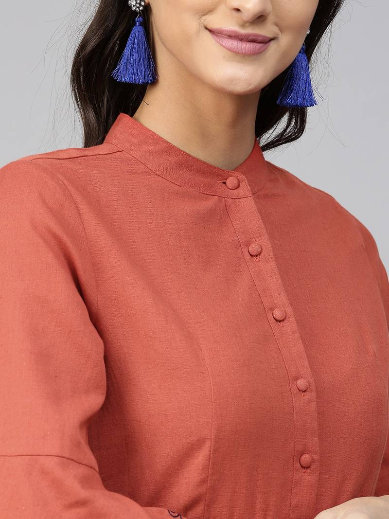 Rust Drawstring Emb Bell Sleeves Kurta