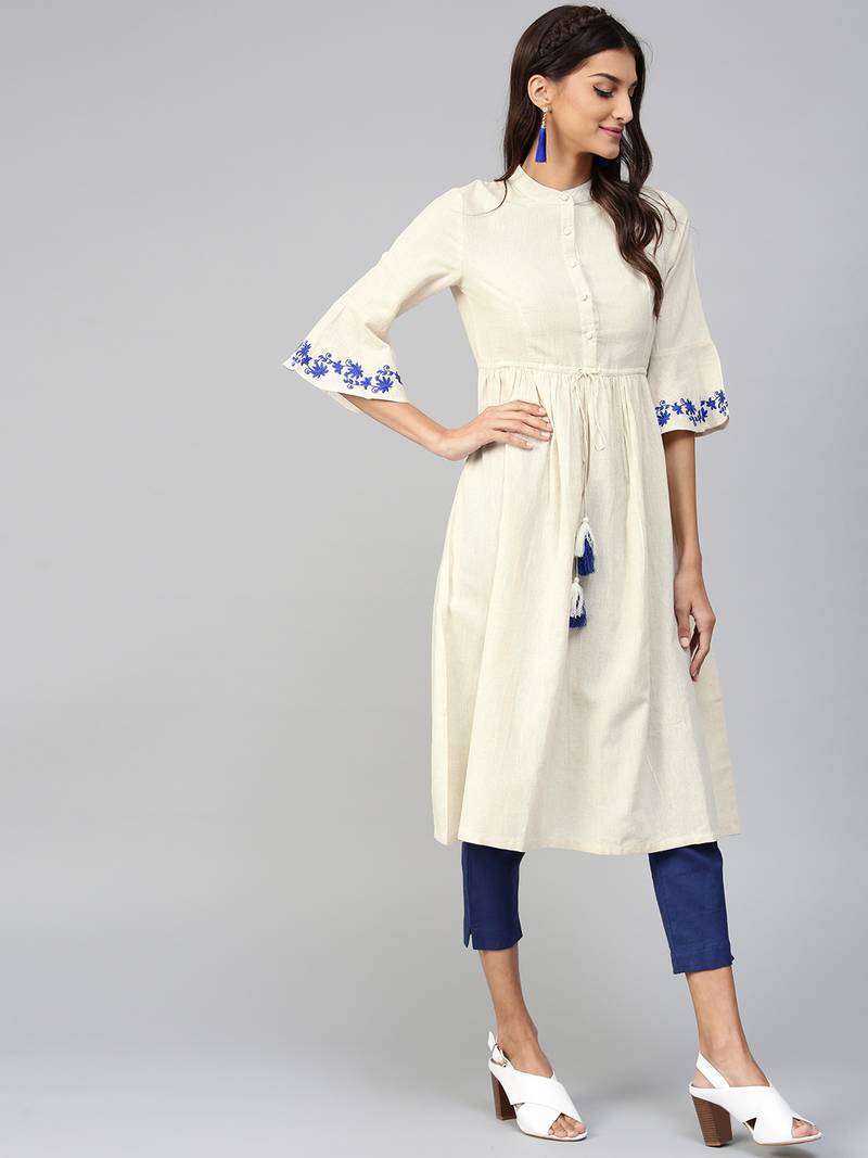 Off-White Drawstring Emb Bell Sleeves Kurta