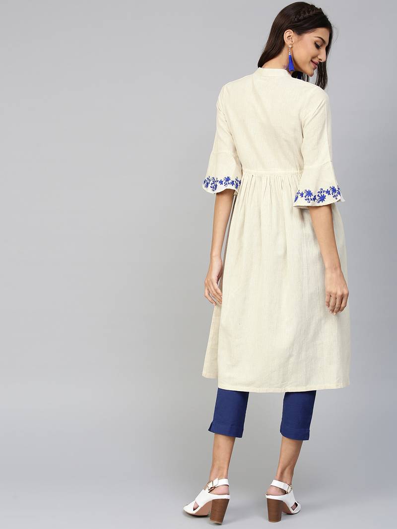 Off-White Drawstring Emb Bell Sleeves Kurta