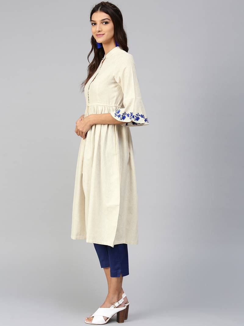 Off-White Drawstring Emb Bell Sleeves Kurta