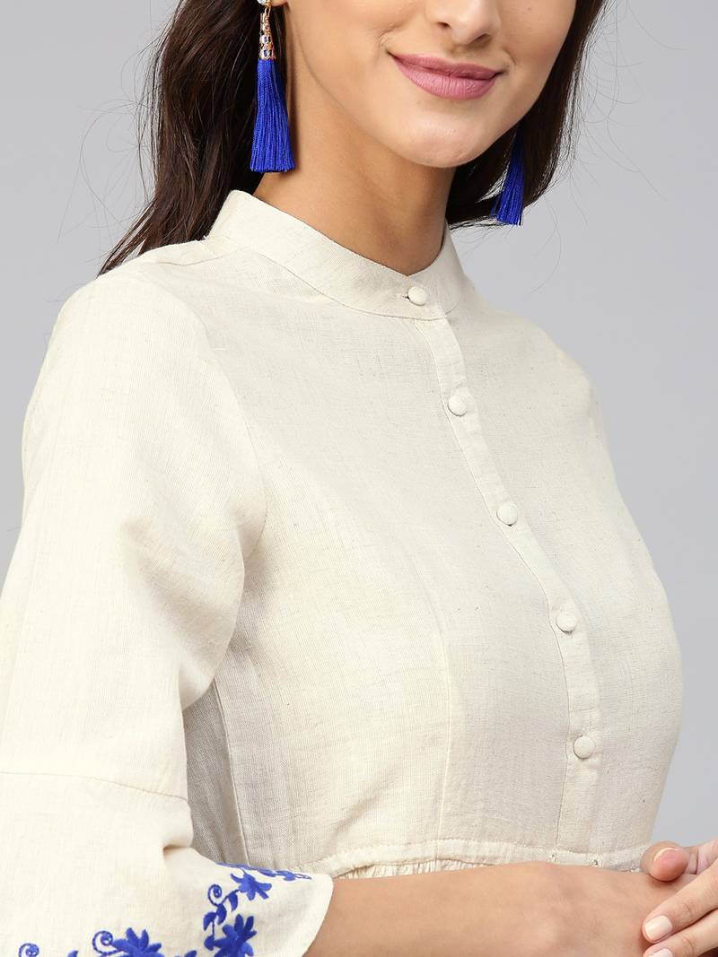 Off-White Drawstring Emb Bell Sleeves Kurta