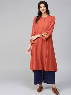 Embroidered Sleeve Crinkled Rust Kurta 1