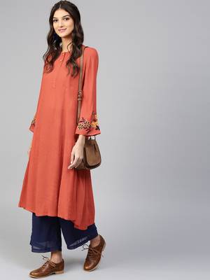 Embroidered Sleeve Crinkled Rust Kurta 2