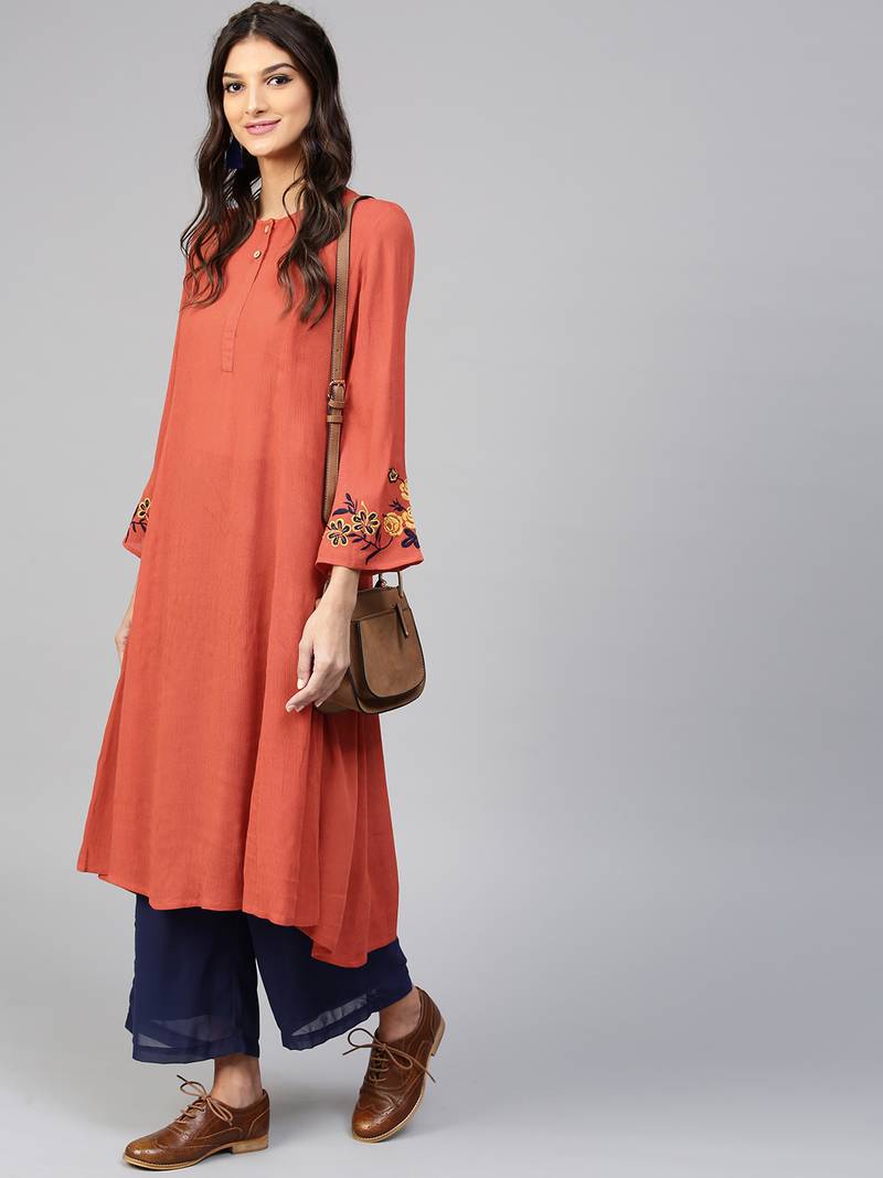 Embroidered Sleeve Crinkled Rust Kurta