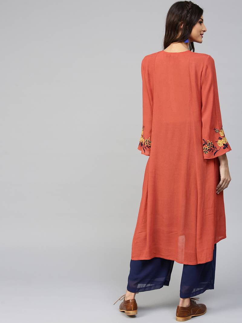 Embroidered Sleeve Crinkled Rust Kurta