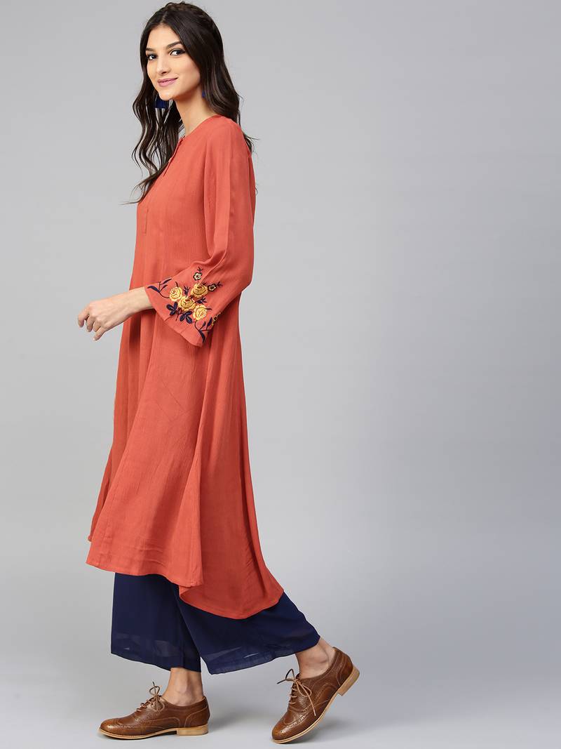 Embroidered Sleeve Crinkled Rust Kurta