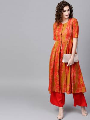 Mustard & Red Printed Front Open Anarkali 1