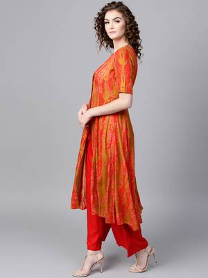 Mustard & Red Printed Front Open Anarkali 2