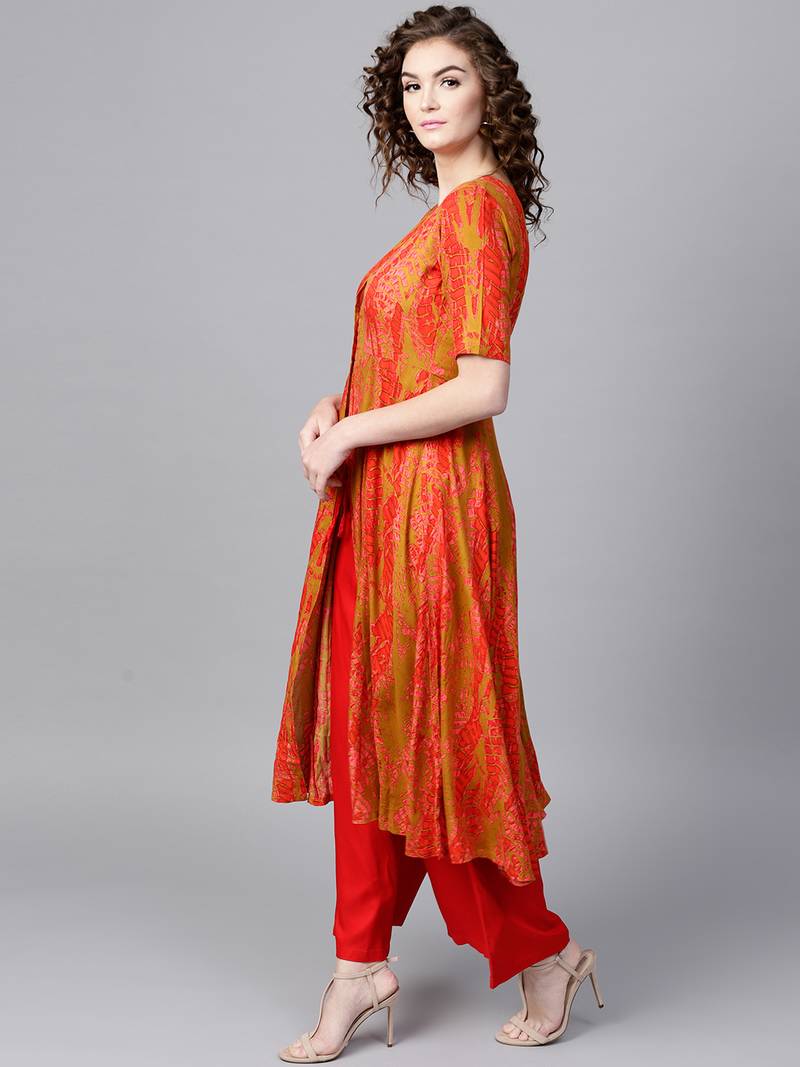Mustard & Red Printed Front Open Anarkali