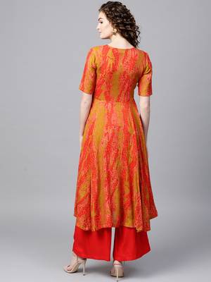 Mustard & Red Printed Front Open Anarkali 3