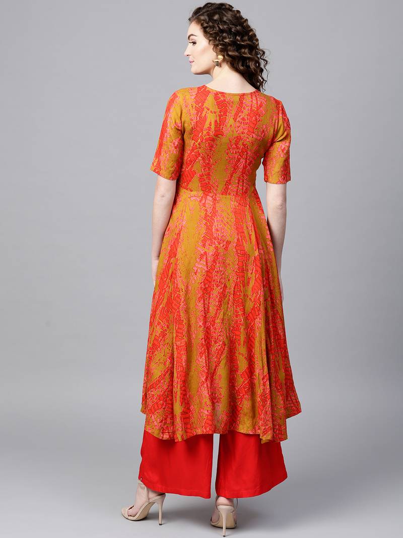 Mustard & Red Printed Front Open Anarkali