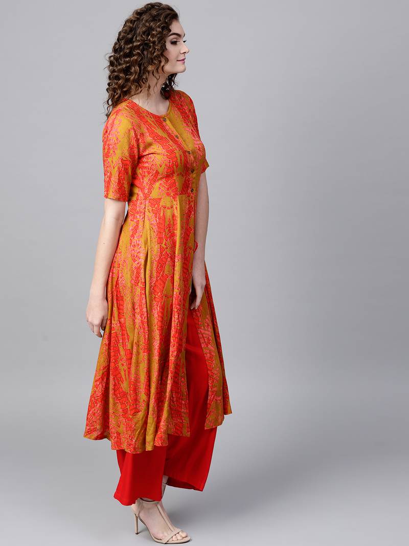 Mustard & Red Printed Front Open Anarkali