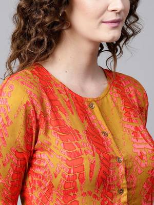 Mustard & Red Printed Front Open Anarkali 5