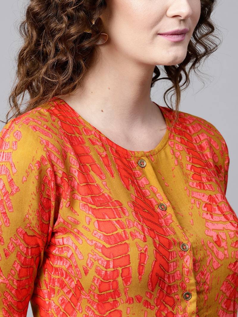 Mustard & Red Printed Front Open Anarkali