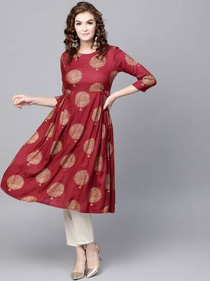 Maroon Foil Printed Gathered Waist Kurta 1