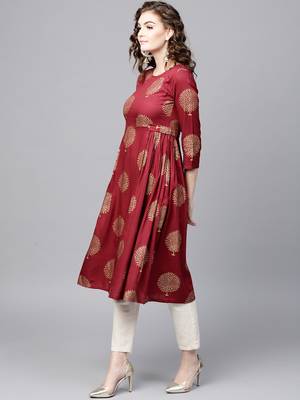 Maroon Foil Printed Gathered Waist Kurta 2
