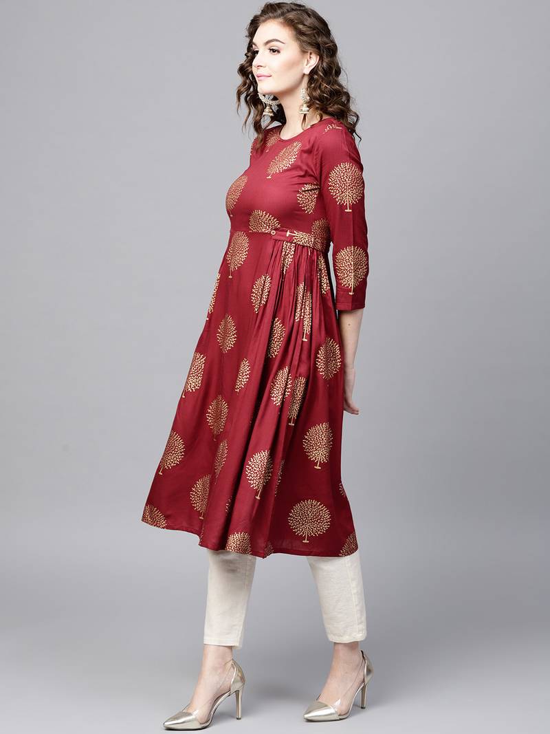 Maroon Foil Printed Gathered Waist Kurta