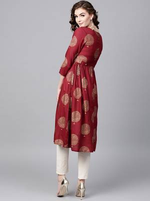 Maroon Foil Printed Gathered Waist Kurta 3