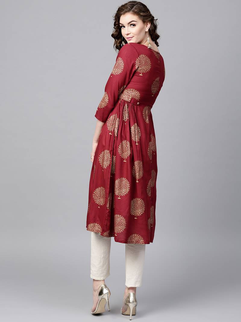 Maroon Foil Printed Gathered Waist Kurta