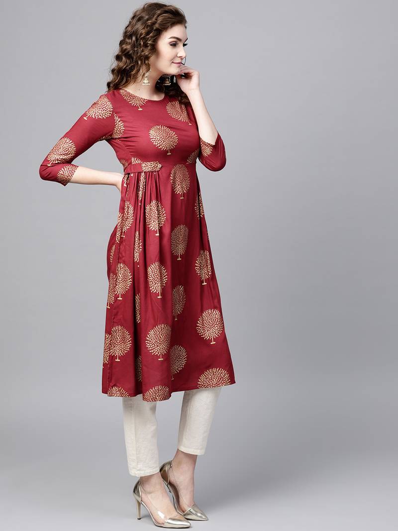 Maroon Foil Printed Gathered Waist Kurta