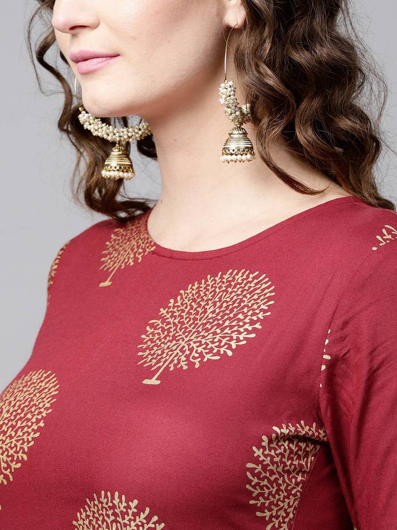 Maroon Foil Printed Gathered Waist Kurta