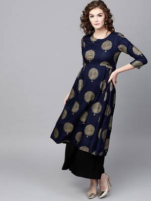 Navy Foil Printed Gathered Waist Kurta 1