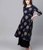 Navy Foil Printed Gathered Waist Kurta