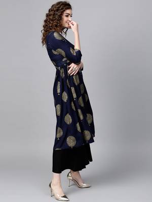 Navy Foil Printed Gathered Waist Kurta 2