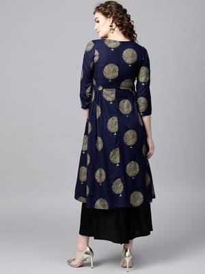 Navy Foil Printed Gathered Waist Kurta 3
