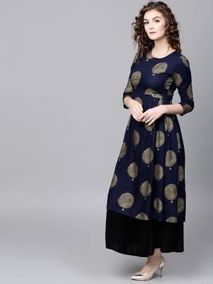 Navy Foil Printed Gathered Waist Kurta 4