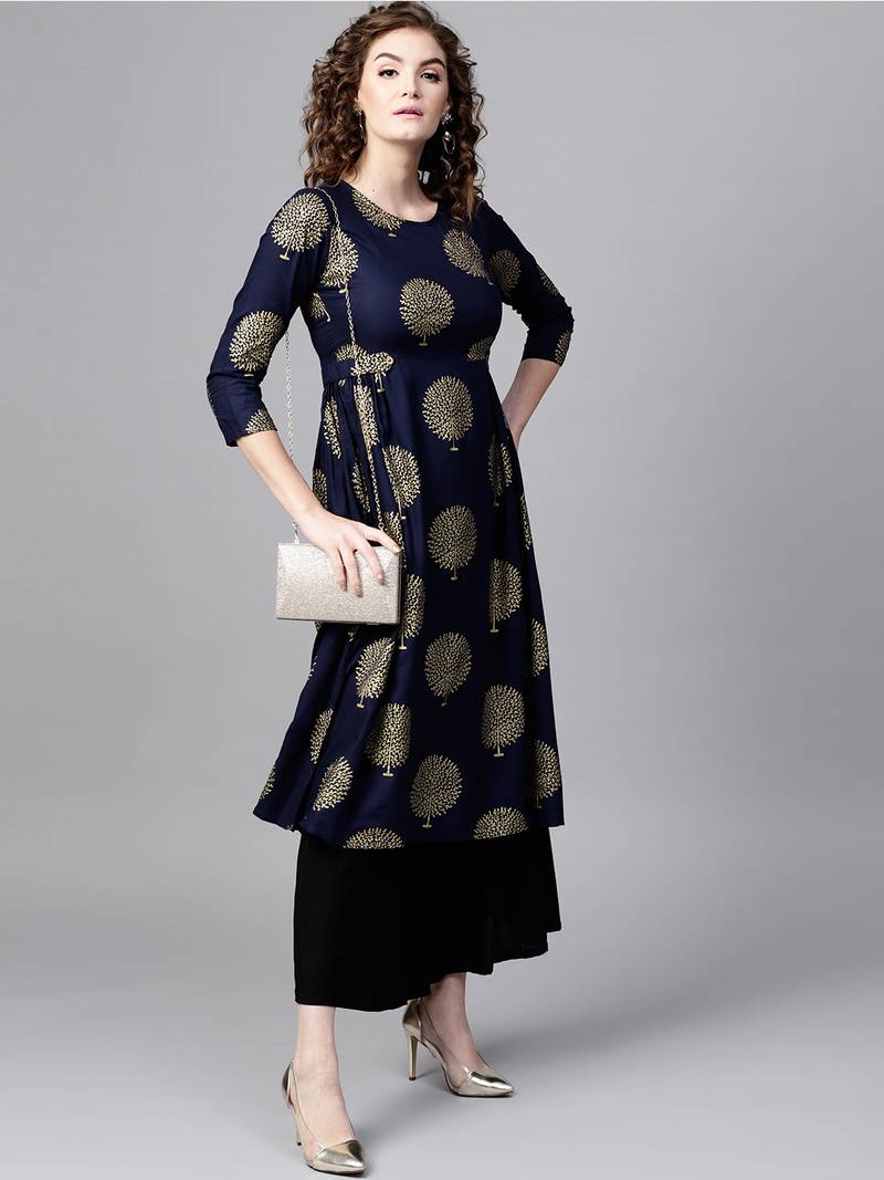 Navy Foil Printed Gathered Waist Kurta