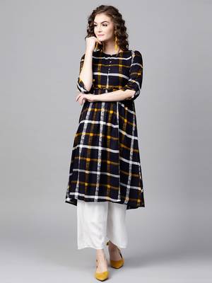 Navy Check Gathered Waist Kurta 1