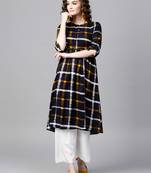 Navy Check Gathered Waist Kurta