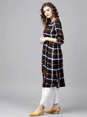 Navy Check Gathered Waist Kurta 2
