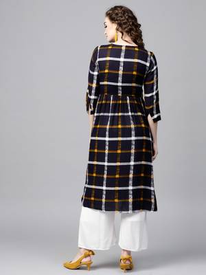 Navy Check Gathered Waist Kurta 3