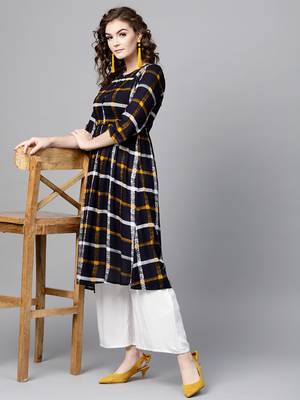 Navy Check Gathered Waist Kurta 4