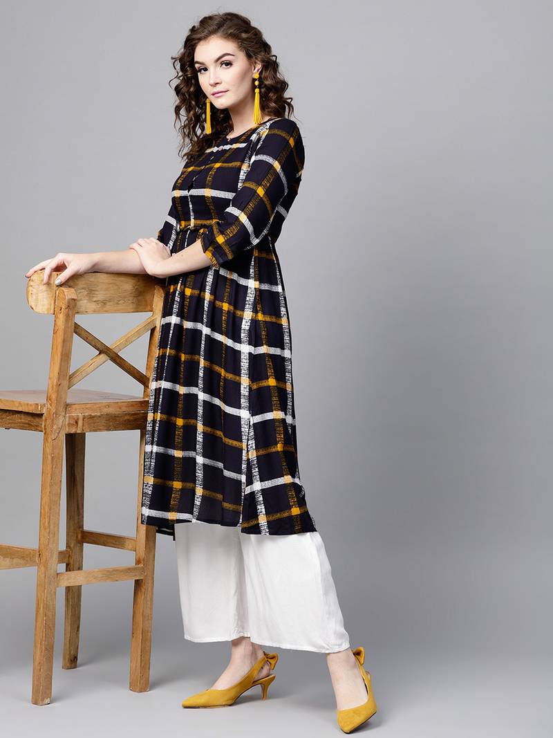 Navy Check Gathered Waist Kurta