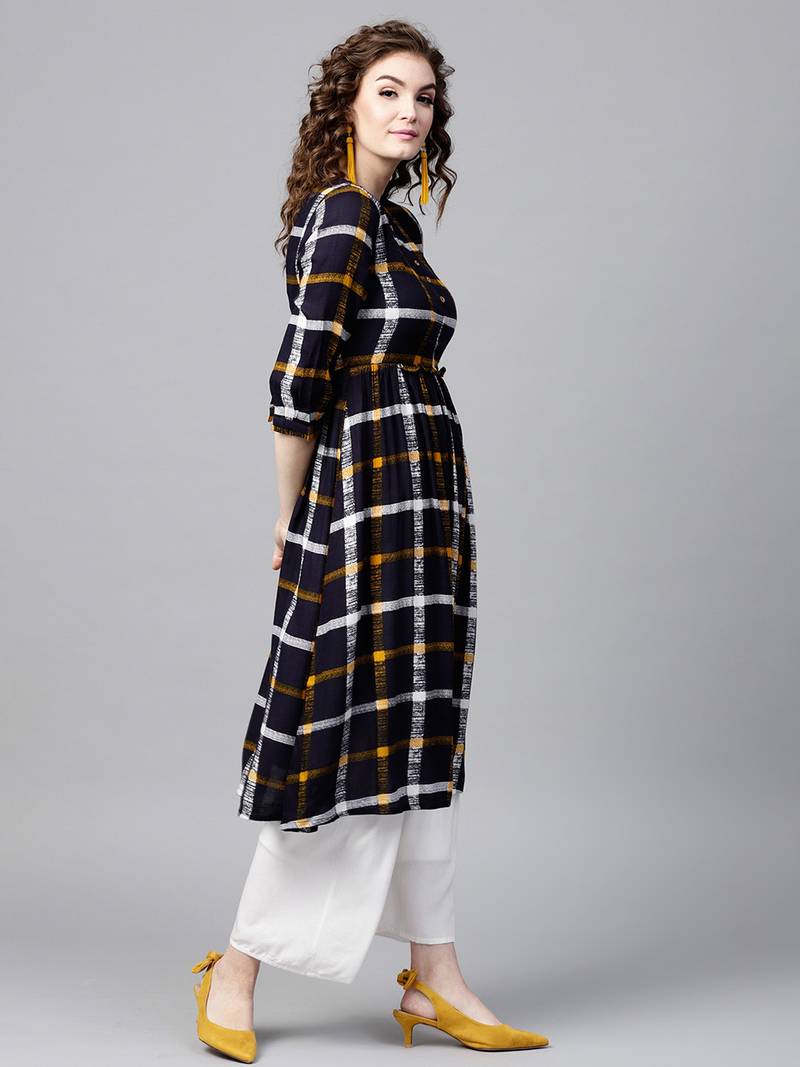 Navy Check Gathered Waist Kurta