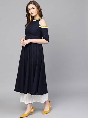 Navy Cold Shoulder Kurta with Fringe Lace 1