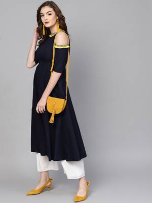 Navy Cold Shoulder Kurta with Fringe Lace 2
