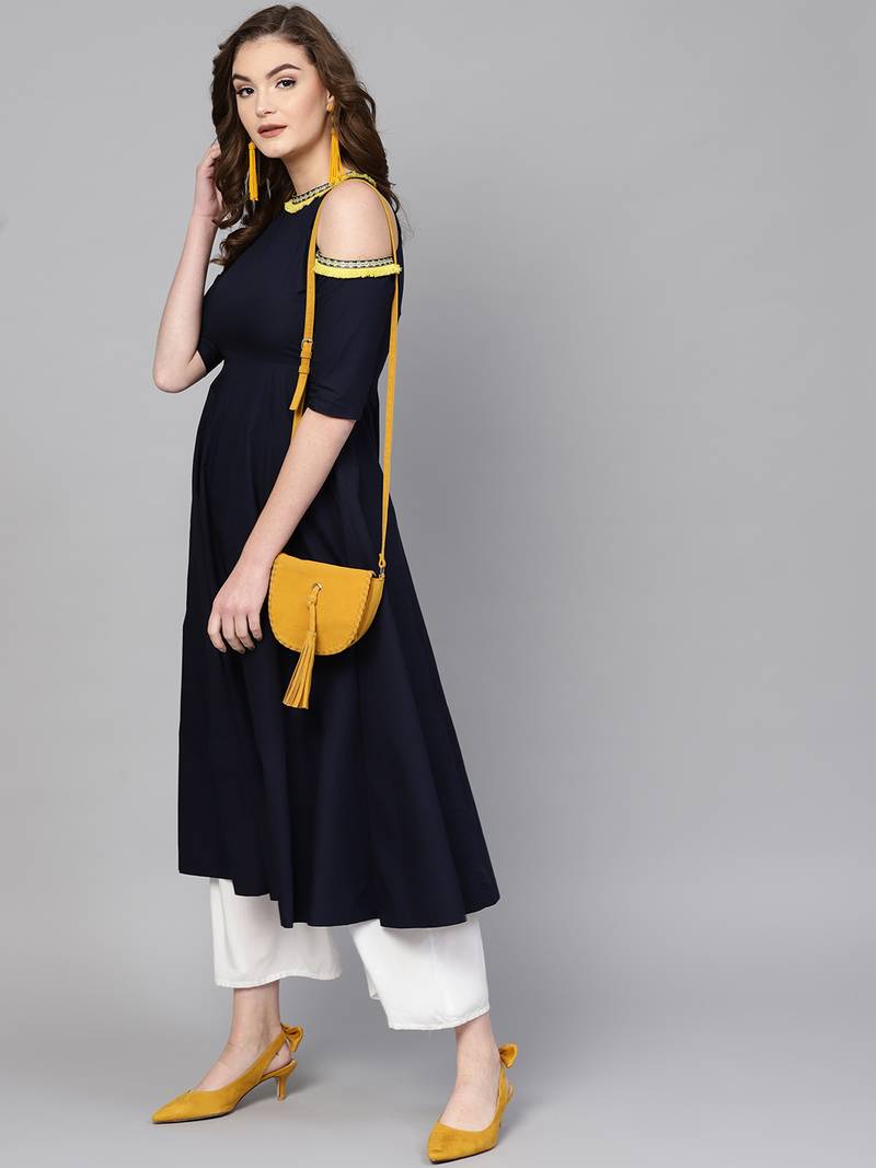 Navy Cold Shoulder Kurta with Fringe Lace