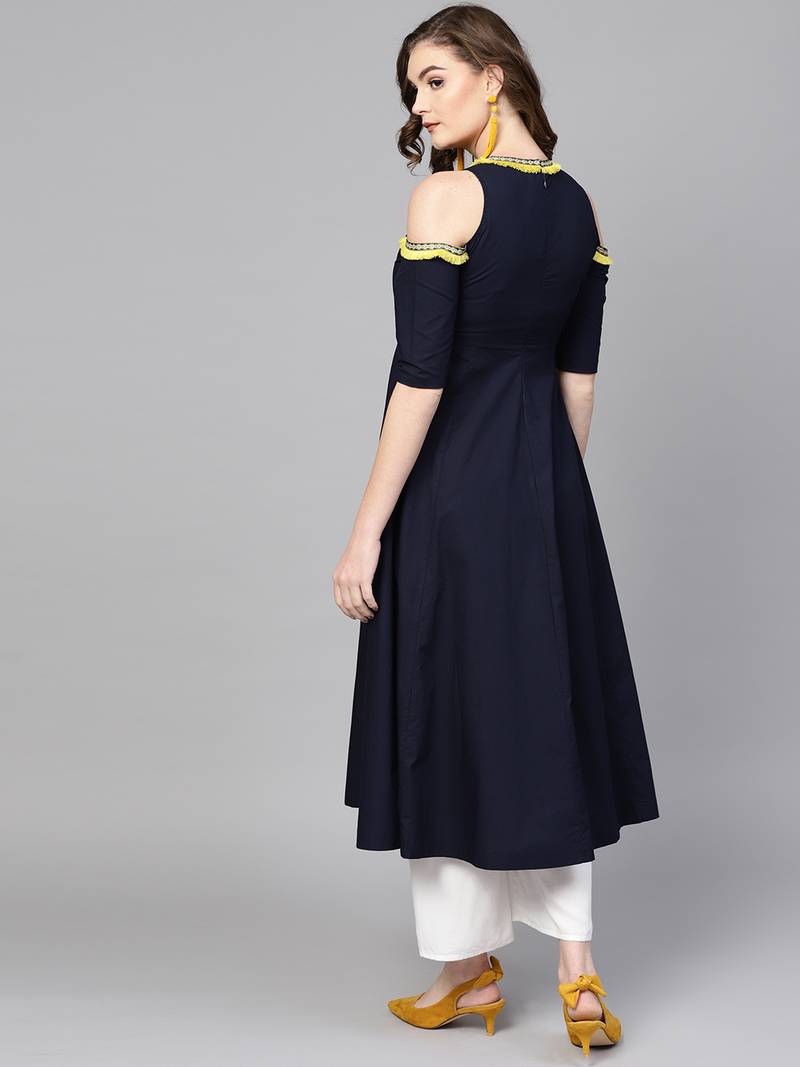 Navy Cold Shoulder Kurta with Fringe Lace