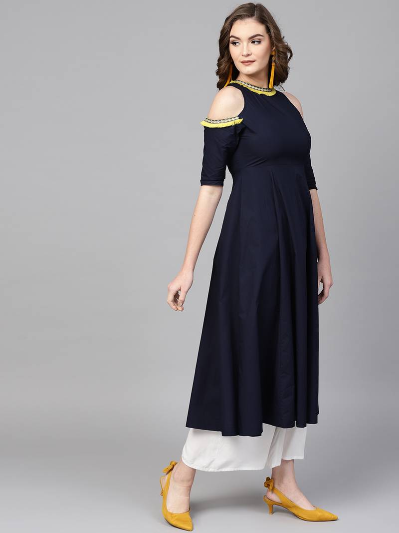 Navy Cold Shoulder Kurta with Fringe Lace