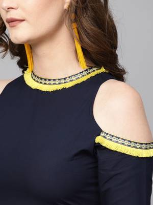 Navy Cold Shoulder Kurta with Fringe Lace 5